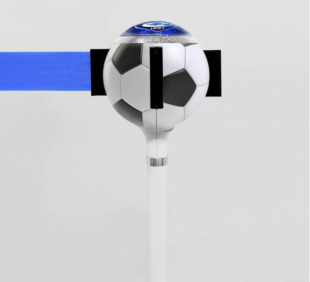 Custom stanchion with soccer ball shaped top and blue belt