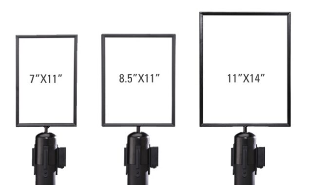 Three stanchion-mounted sign frame sizes side by side