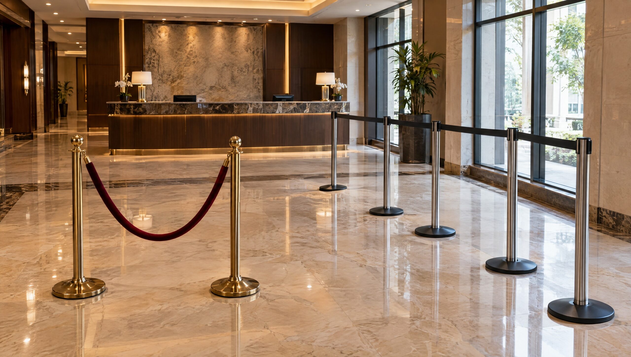 Hotel lobby showing post-and-rope stanchions at the entrance and retractable belt stanchions forming a check-in queue