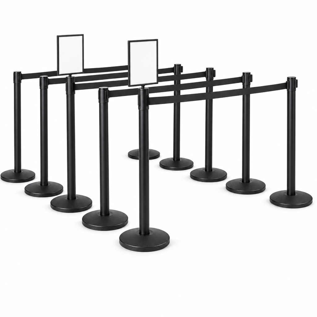 10 Black Retractable Belt Stanchions with 11' Black Belt + Two 8.5 x 11" Sign Holders Bundle