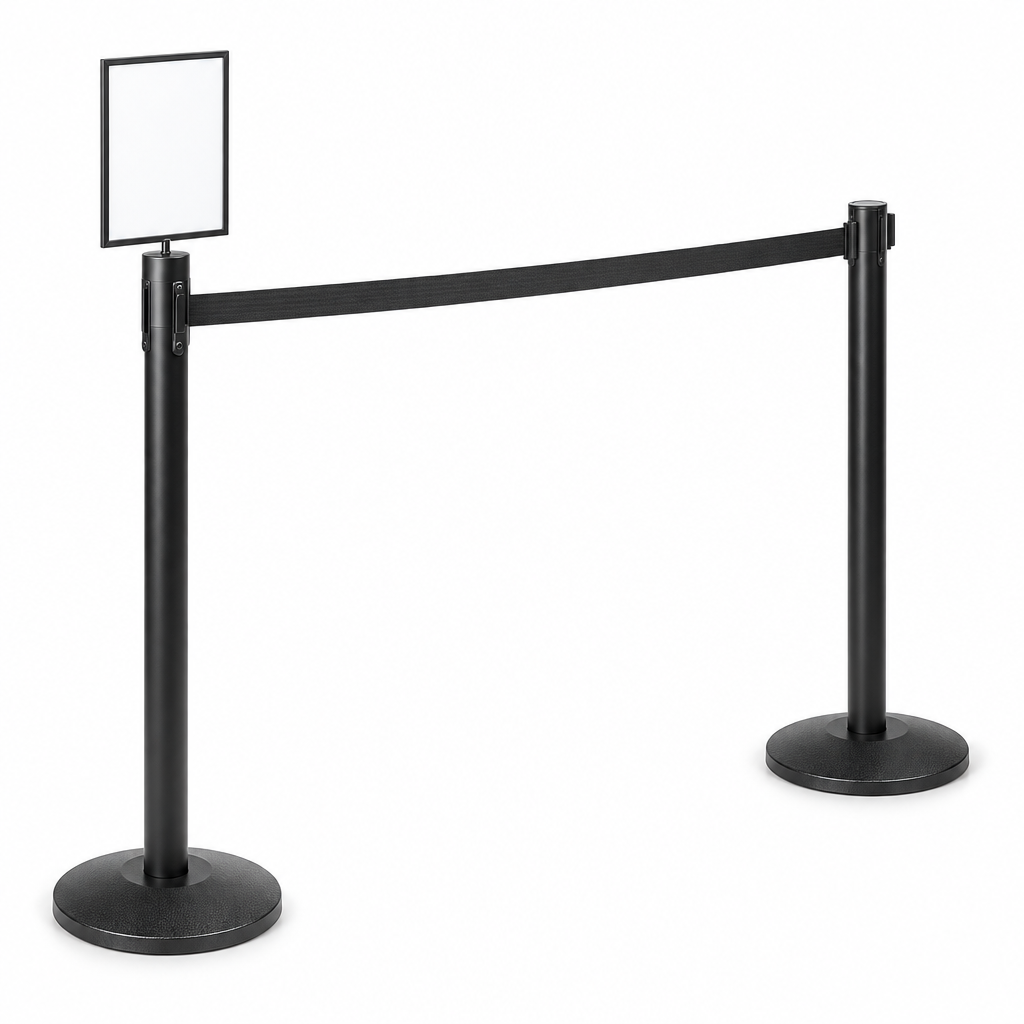 2 Black Retractable Belt Stanchions with 11' Black Belt + 8.5 x 11" Sign Holder Bundle