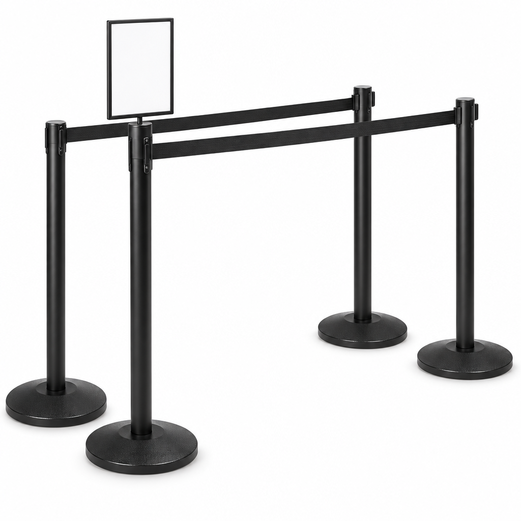4 Black Retractable Belt Stanchions with 11' Black Belt + 8.5 x 11" Sign Holder Bundle