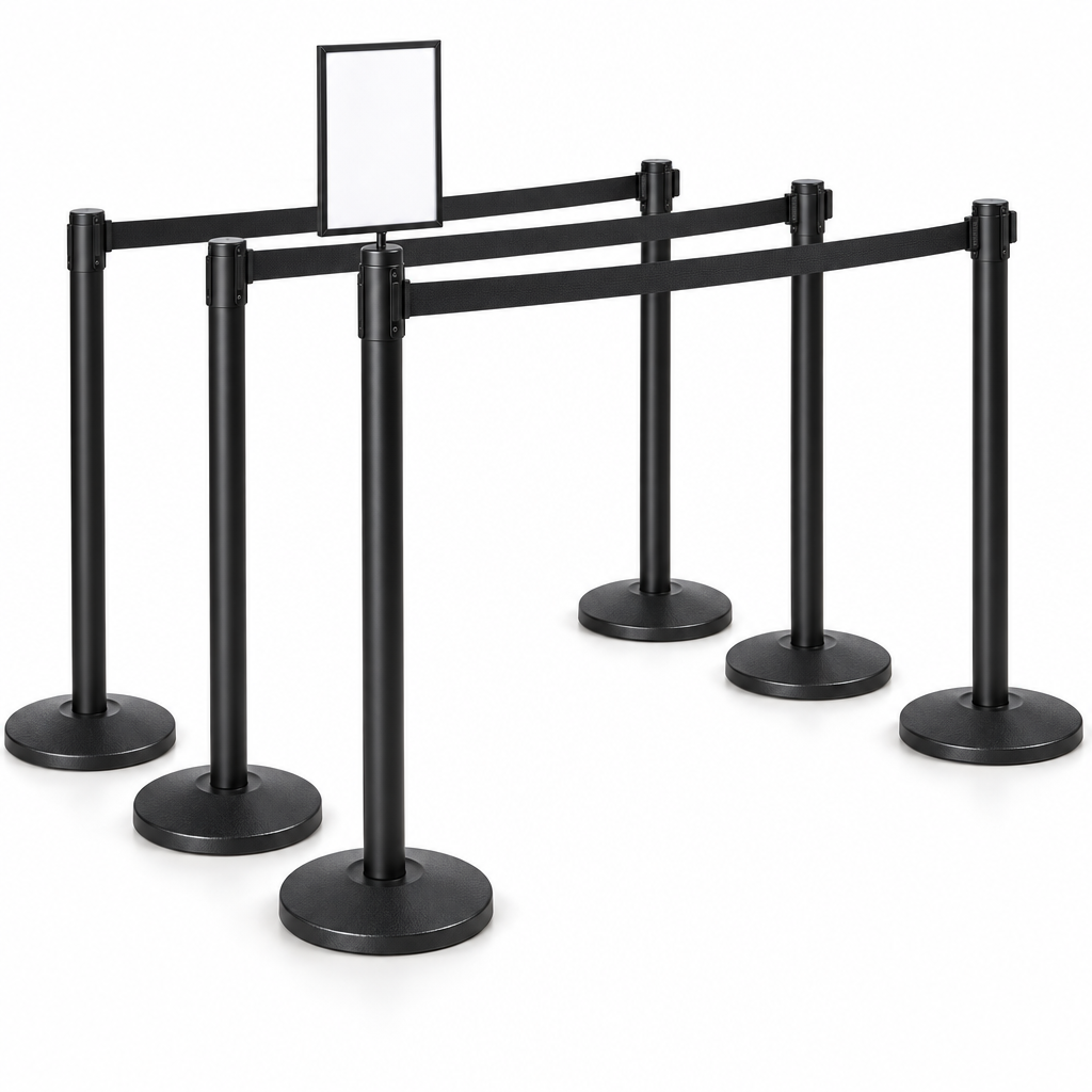 6 Black Retractable Belt Stanchions with 11' Black Belt + 8.5 x 11" Sign Holder Bundle