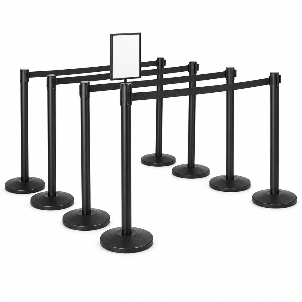 8 Black Retractable Belt Stanchions with 11' Black Belt + 8.5 x 11" Sign Holder Bundle
