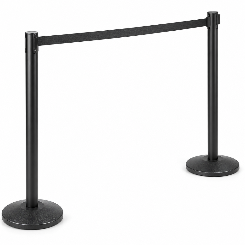 Set of 2 Black Retractable Belt Stanchions with 11' Black Belt