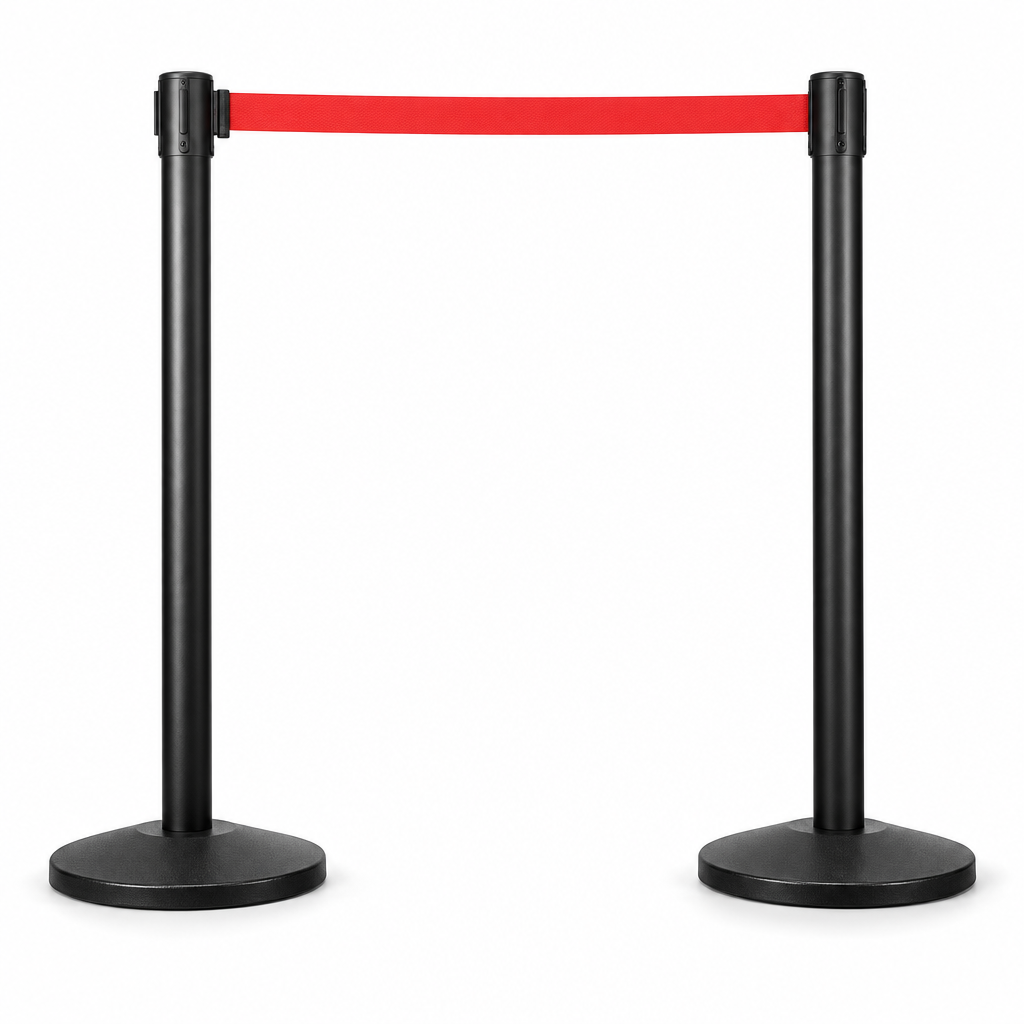 Set of 2 Black Retractable Belt Stanchions with 11' Red Belt