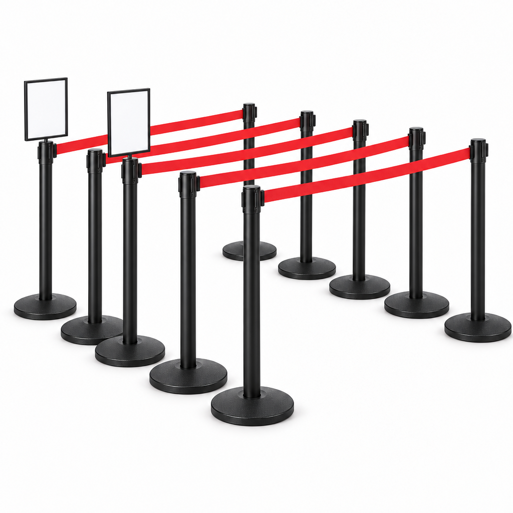 10 Black Retractable Belt Stanchions with 11' Red Belt + Two 8.5 x 11" Sign Holders Bundle