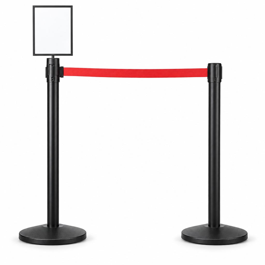 2 Black Retractable Belt Stanchions with 11' Red Belt + 8.5 x 11" Sign Holder Bundle