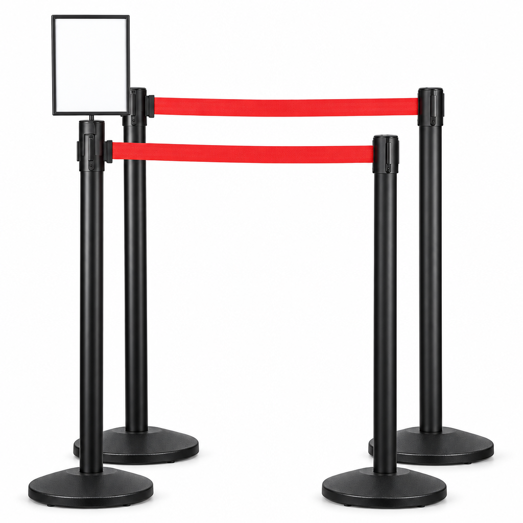 4 Black Retractable Belt Stanchions with 11' Red Belt + 8.5 x 11" Sign Holder Bundle