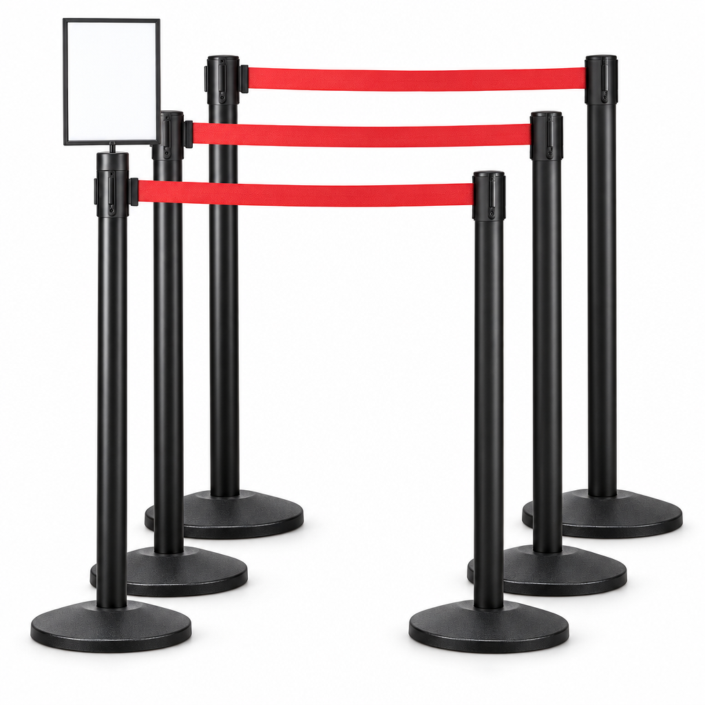 6 Black Retractable Belt Stanchions with 11' Red Belt + 8.5 x 11" Sign Holder Bundle