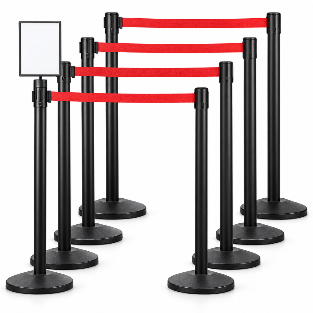8 Black Retractable Belt Stanchions with 11' Red Belt + 8.5 x 11" Sign Holder Bundle